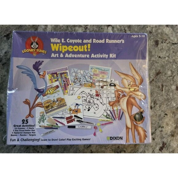 1998 Road Runner Wile E Coyote Wipeout Activity Kit NIB BoxBent Art Games Puzzle - Picture 1 of 3